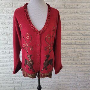 Christmas JTwo New York Womens Sweater XL Cardigan Tapestry Red Reindeer SWE51E
